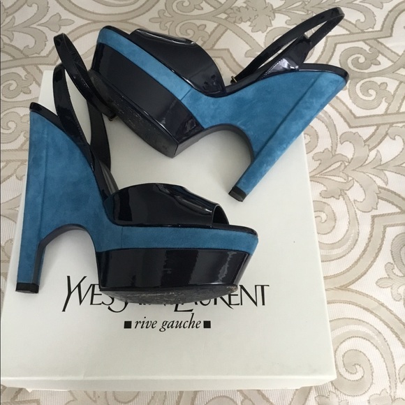 Yves Saint Laurent Blue Patent/Suede Wedge Sandals - Picture 3 of 11